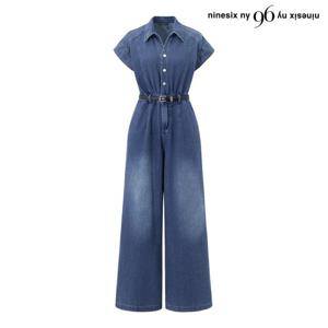 [나인식스뉴욕] 벨티드 캡 소매 카라 데님 롱 점프수트 (NQ2OW008L0)