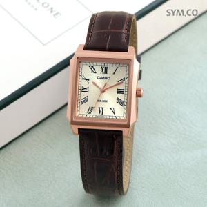 카시오 MTP-B190RGL-9B 클래식 복고풍 스퀘어 로즈 골드 남자 가죽 시계 d9
