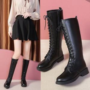 여성 롱 부츠 가죽신발 통굽 레이스업워커