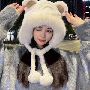 곰돌이귀 퍼 방울 스트랩 방한 모자 방한모자 귀도리