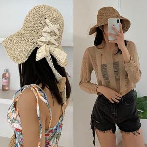 백레스리본벙거지 버킷햇 뜨개 여성 모자 왕골 밀짚