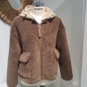 르피타 HC06 후드 배색 뽀글 숏 자켓(브라운) L254UJKC56