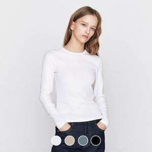 [지오다노] 여성 라운드넥 코튼 스판 슬림핏 립 골지 긴팔 면 티셔츠 326504