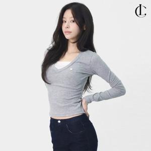 엘케이트 여자 봄 캐주얼 심플 골지 브이넥 레이어드 슬림핏 긴팔 티셔츠 LBB009