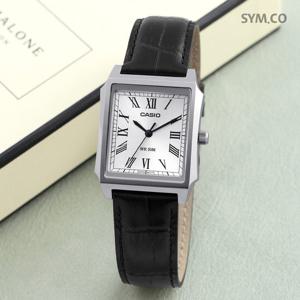 카시오 MTP-B190L-7B 클래식 복고풍 스퀘어 실버 다이얼 남자 가죽 시계 d9