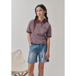 블루테일 AZB2TS05WN 스트라이프 카라 와인 크롭 반팔 티셔츠