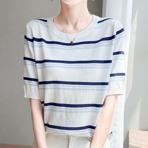 나바바 / NK3036 여성 단가라 포인트 라운드넥 반팔 니트티