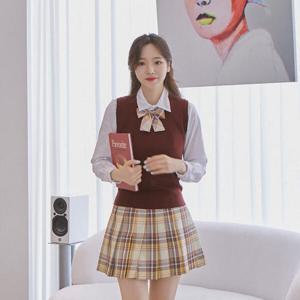 아트박스/교복몰 옐로우 와인체크 스커트 리본타이 SET 교복 학