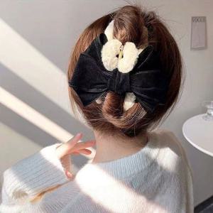 올림 머리 반 묶음 밍크 퍼 예쁜 리본 집게 핀 블랙
