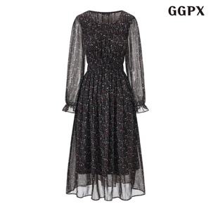 [GGPX]플라워 라운드넥 시스루 셔링 롱 원피스 (GQAOW003D)