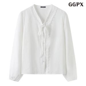 택가 69,000원 [GGPX]러블리 벌룬 레이스 포인트 리본 블라우스 (GQABA004D)