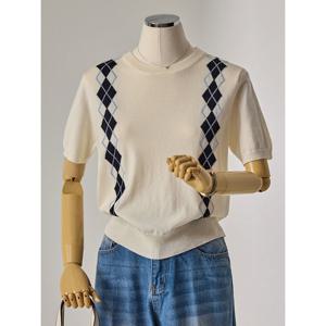 [커스텀에이블]아가일 배색 라인 반팔 니트_T2604KN061B