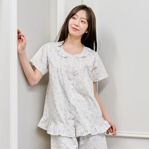 바풀 CA5V13116 여성잠옷 순면 파자마 여름 반팔 잠옷 상하 블루