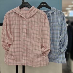 뱅뱅 HC21 여성 봄 오버핏 지지미 면 후드 체크 남방 NSM106