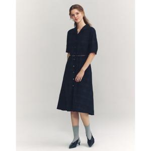 헤지스 여성 24FW 클리어런스울 다크그린 체크 플레어 반소매 원피스 HSDR4C701E3