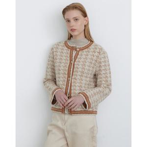 닥스 여성 24FW 클리어런스울 베이지 글리터 하운드투스 패턴 트위드 라운드넥 가디건 DLSW4DI81I2