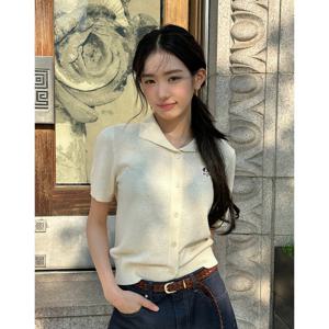 헤지스 여성 면크림 퍼피 자수 반소매 카라 가디건 HSSW5BL93CR