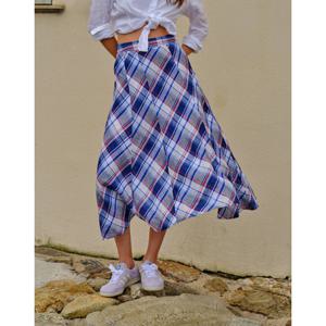 헤지스 여성 25SS 린넨100%블루 마드라스 체크 스커트 HSSK5B301B2