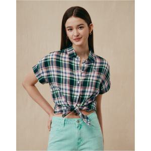헤지스 여성 25SS 린넨100%다크그린 체크 반소매 셔츠 HSSH5B409E3