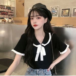 여성 데이트룩 카라 리본 반팔티 하객룩 반팔티셔츠