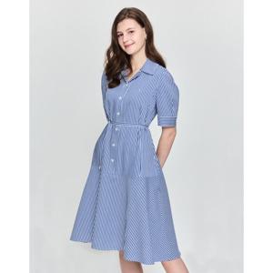헤지스 여성 25SS 블루 스트라이프 경량 반소매 오픈 카라 원피스 HSDR5B403B2