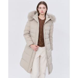 헤지스 여성 24FW 클리어런스스테디셀러폭스FUR덕다운 라이트베이지 탈착 후드 롱 헤비다운 점퍼 WSJU4DC12I1