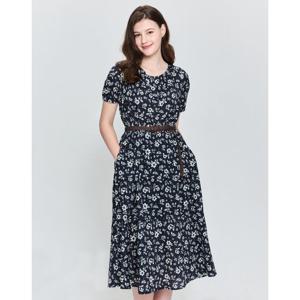 헤지스 여성 25SS 면100%네이비 플라워 프린트 라운드넥 반소매 원피스 HSDR5B306N2