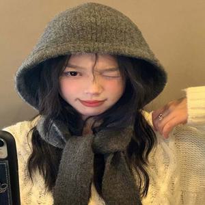 여성 겨울 귀여운 비니 목도리 일체형 보넷 끈모자