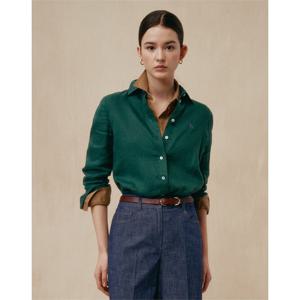 헤지스 여성 25SS 스테디셀러린넨100%다크그린 솔리드 레귤러핏 긴소매 셔츠 WSSH5BC30E3