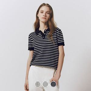 [지오다노]여성 여름 스트라이프 폴로넥 반팔 카라 면 니트 스웨터 356524