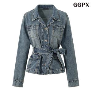 [GGPX]빈티지 데님 오픈 카라 허리 스트랩 자켓 (GQAJK010D)