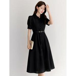 [시크라인](~XXL까지) 블랙 카라 퍼프 소매 콩단추 벨트 플레어 원피스 여름 하객룩 오피스룩 데이트 모