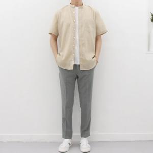 [더셔츠스튜디오]베이지 반팔루즈핏 린넨혼방 차이나카라셔츠