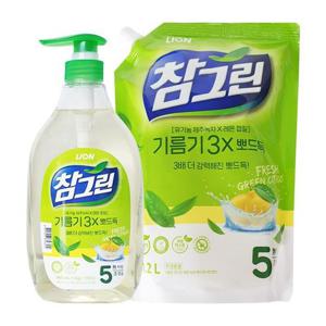 참그린 주방세제 녹차 기름기 뽀드득 용기 1kg + 리필 1.2L