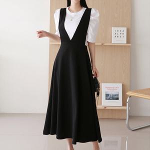 [올리비에스클로젯] 멜빵 플레어 뷔스티에 롱 원피스_O2603OP009B