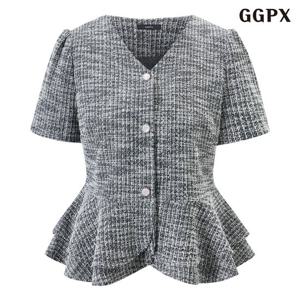 [GGPX]러블리 프릴 브이넥 반팔 트위드 자켓 (GQBJK001D)