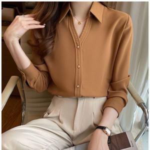 브라운 블라우스 골드버튼 새틴 블랙 화이트