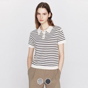 [지오다노/본사] 355902 여 12gg 스트라이프 폴로넥 반팔 니트 스웨터