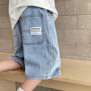 [다미주니어]데님라벨5부 와이드 초등 남아 주니어 여아 스판 청반바지 주니어 팬츠 반바지 헤짐팬츠