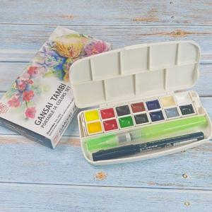 쿠레타케 지그 고체물감 Gansai Tambi 휴대용 14색+붓 고체케익물감 수채화용품 수채물감 수입물감 수채화