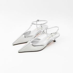 [신난다슈] 여성 슬링백 힐 4cm 스틸레토 구두 샌들 펌프스 망사 티스트랩 ST251014 실버