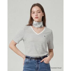 헤지스 여성 26SS ONLINE EXCLUSIVE아이코닉 브이넥 코튼모달 반팔 티셔츠 블랙 스트라이프 HSTS6B313BK