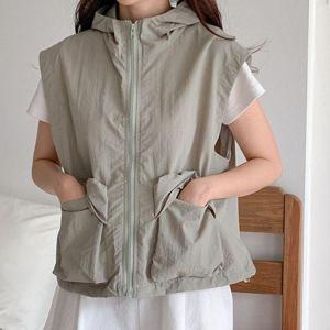 [삐까삐까]루즈핏 바람막이 아노락 포켓 스트링 집업 후드 조끼 베스트