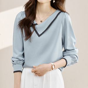 나바바 / NB2861 배색 포인트 브이넥 카라 긴팔 블라우스