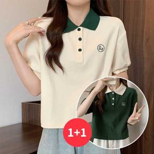 나바바 / NT2506 여성 1 + 1 귀여운 배색 카라 반팔 티셔츠