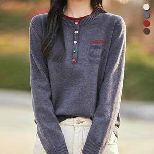 [유니제이] 뱁스 버튼 장식 라운드 니트티