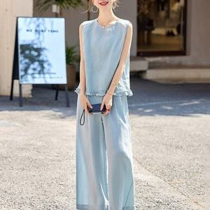 제로투올샵2 / 여성 여름 민소매 상의 와이드 팬츠 세트 라이트블루 S