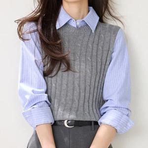 [패션시그널] 꽈배기조끼레이어드 셔츠블라우스 663F36