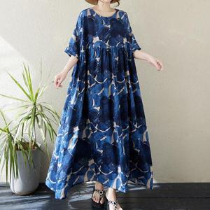 [쿠잉]빅사이즈 오버핏 패턴블루 데일리 여름 롱 원피스