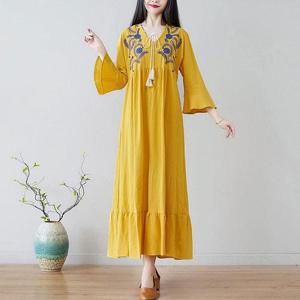 여성 봄 간절기 루즈핏 나팔 소매 플라워 롱 원피스 WA0E942